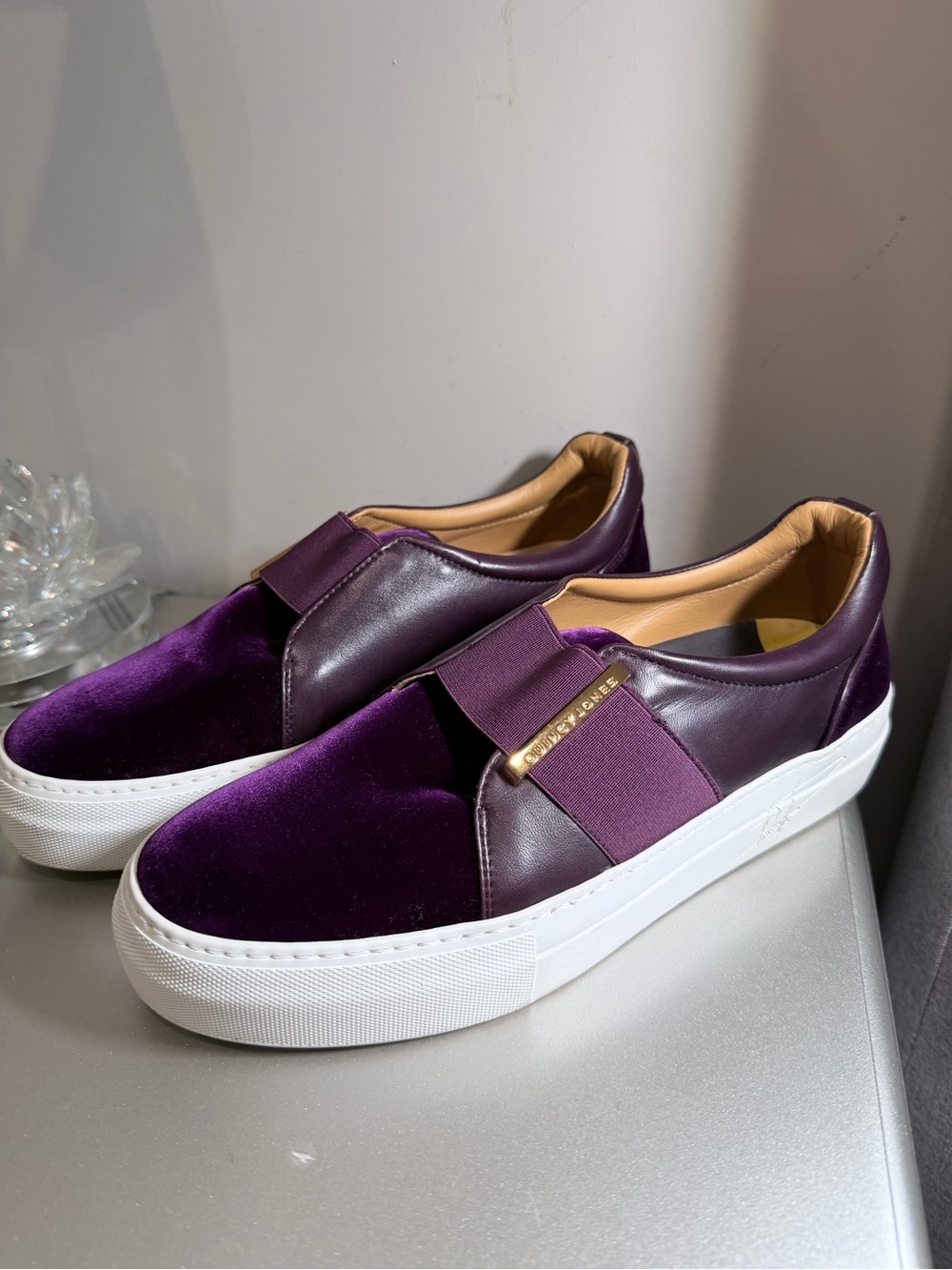 Buscemi Purple Velvet and Leather Slip-On Sneakers with Gold Hardware